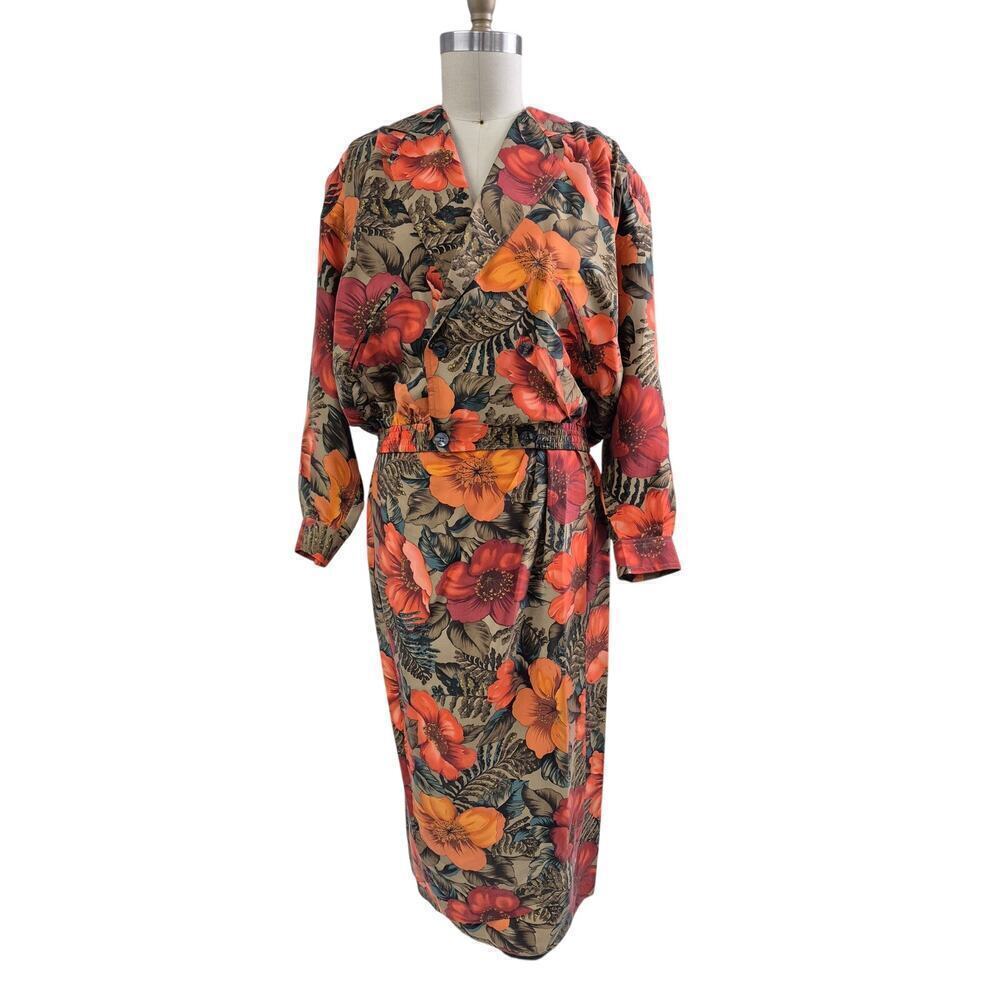 Vintage 80s Rafaella 100% Silk Hawaiian Floral 2PC Skirt Suit Orange Sz M NWOT